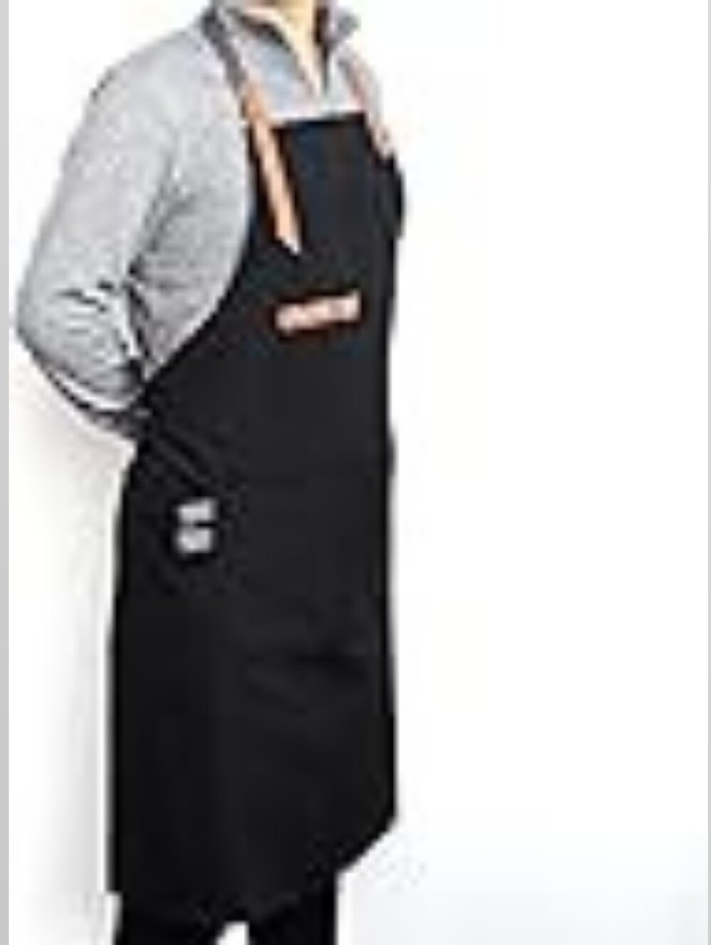 Black Canvas Chef's Apron Unisex with Brown Leather Straps 3 Pockets One Size - Picture 2 of 6